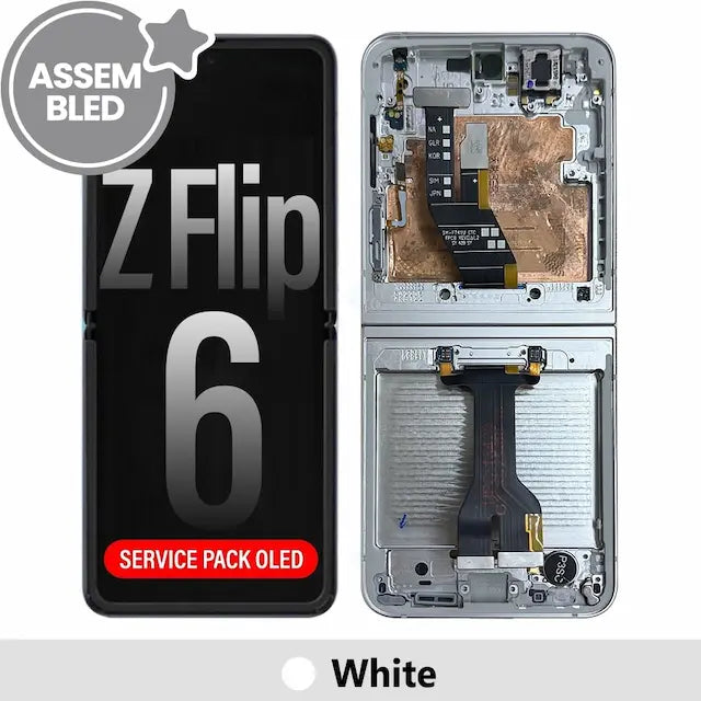 ASSEMBLED OLED Screen Replacement with Frame for Samsung Galaxy Z Flip6 5G F741B -White (SERVICE PACK SCREEN BUT REFURBISH FRAME ASSEMBLED BY CRAZY)