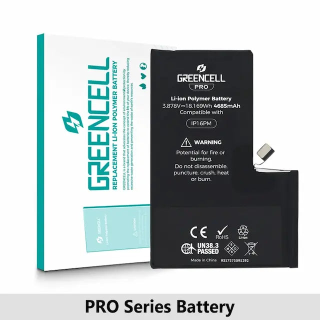 Greencell PRO series-iPhone 16 Pro Max Replacement Battery with Adhesive Strips 4685mAh (TI chip -27546-A3 IC & Original Cell)