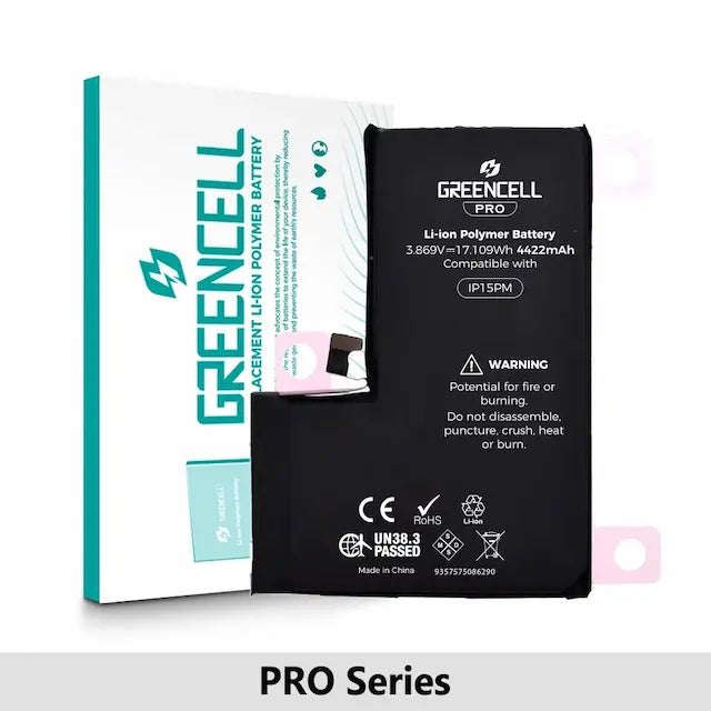 Greencell PRO Series- iPhone 15 Pro Max Replacement Battery with Adhesive Strips 4422mAh (TI chip -27546-A3 IC & Original Cell)