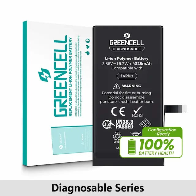 Greencell Diagnosable iPhone 14 Plus Replacement Battery with Adhesive Strips 4325mAh (Configuration Ready)