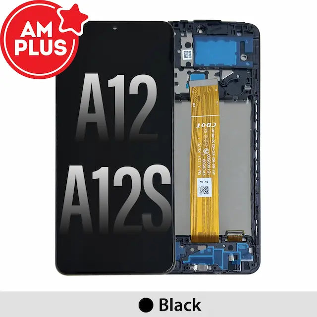 LCD Screen Replacement Digitizer with Frame for Samsung Galaxy A12s A127 / A12 A125-Black (AMPLUS)