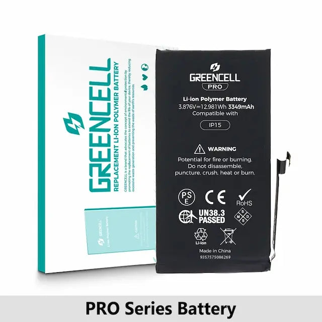 Greencell PRO series-iPhone 15 Replacement Battery with Adhesive Strips 3349mAh (TI chip -27546-A3 IC & Original Cell)