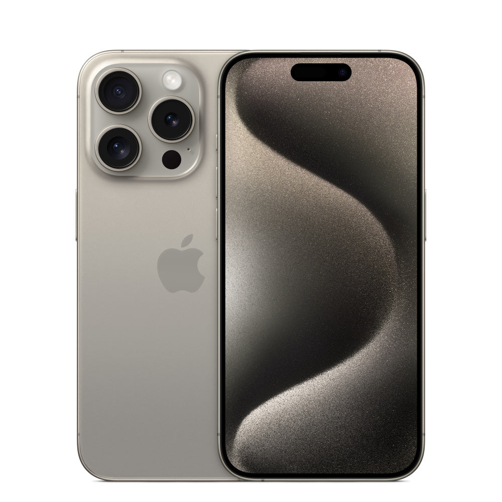 Catalogue illustration of iPhone 15 Pro Natural Titanium; not the actual handset